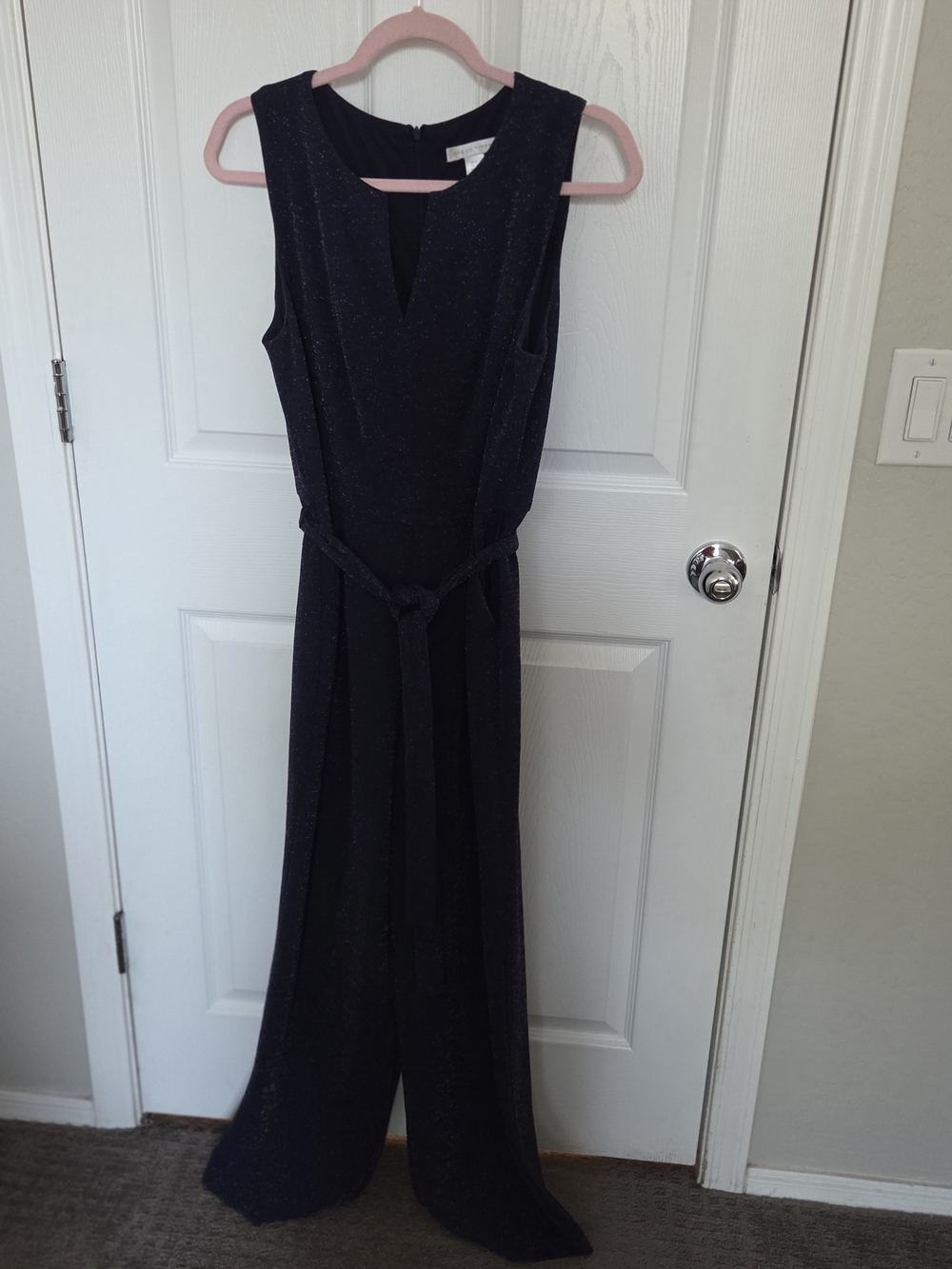 London Times Navy Sparkle Sleeveless Jumpsuit with Tie Waist